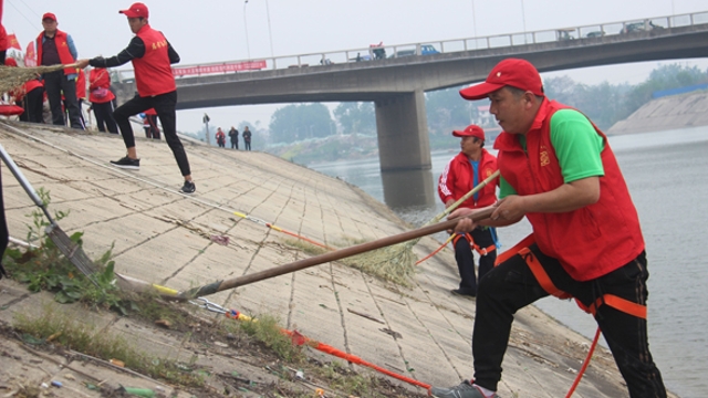 志愿者清理沙颍河堤坡垃圾